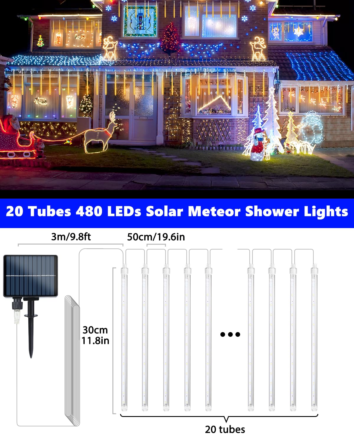 Flacchi Solar Icicle Lights - 20 Tubes 480 LED Cascading Raindrop, Waterproof Christmas Decorations, Warm White, Model YZ69SS002