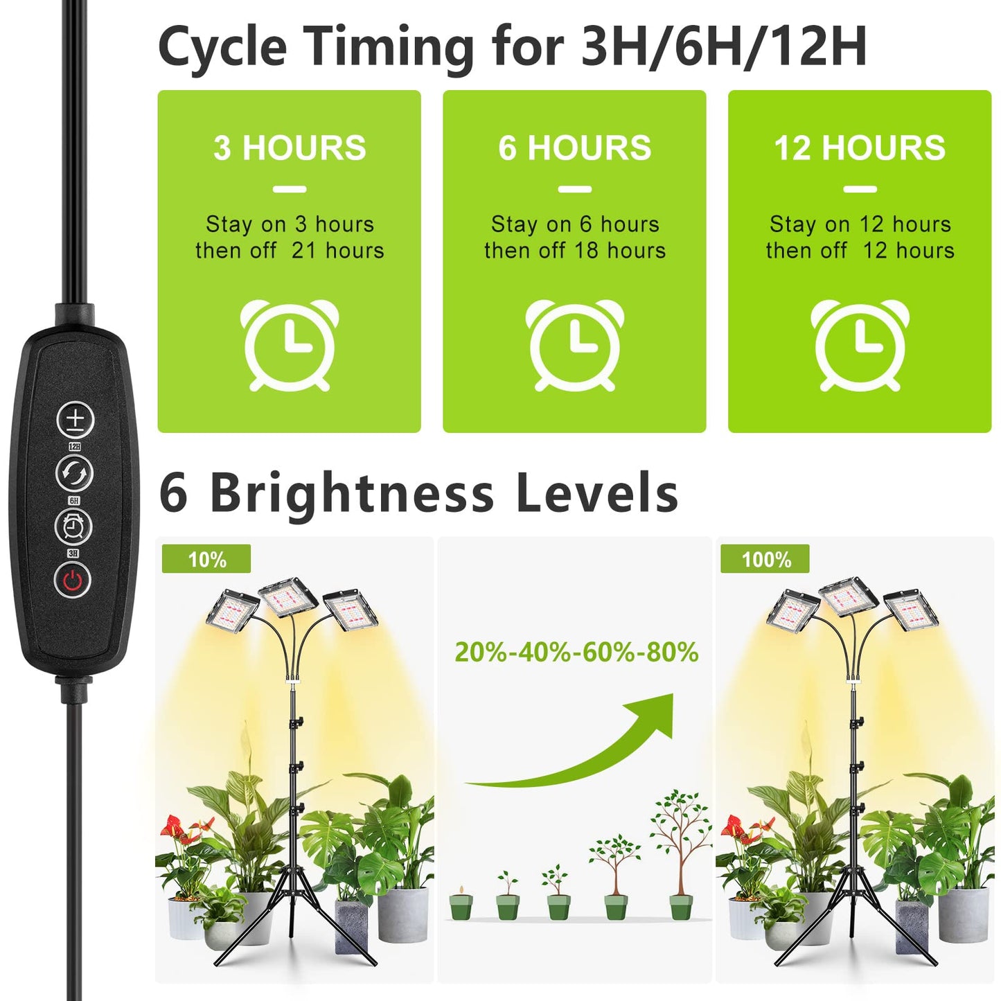 LORDEM Plant Grow Light, Tri-Head LED with Timer, 6 Dimmable Levels, Adjustable Tripod 15in-63in, Black, Model b1101