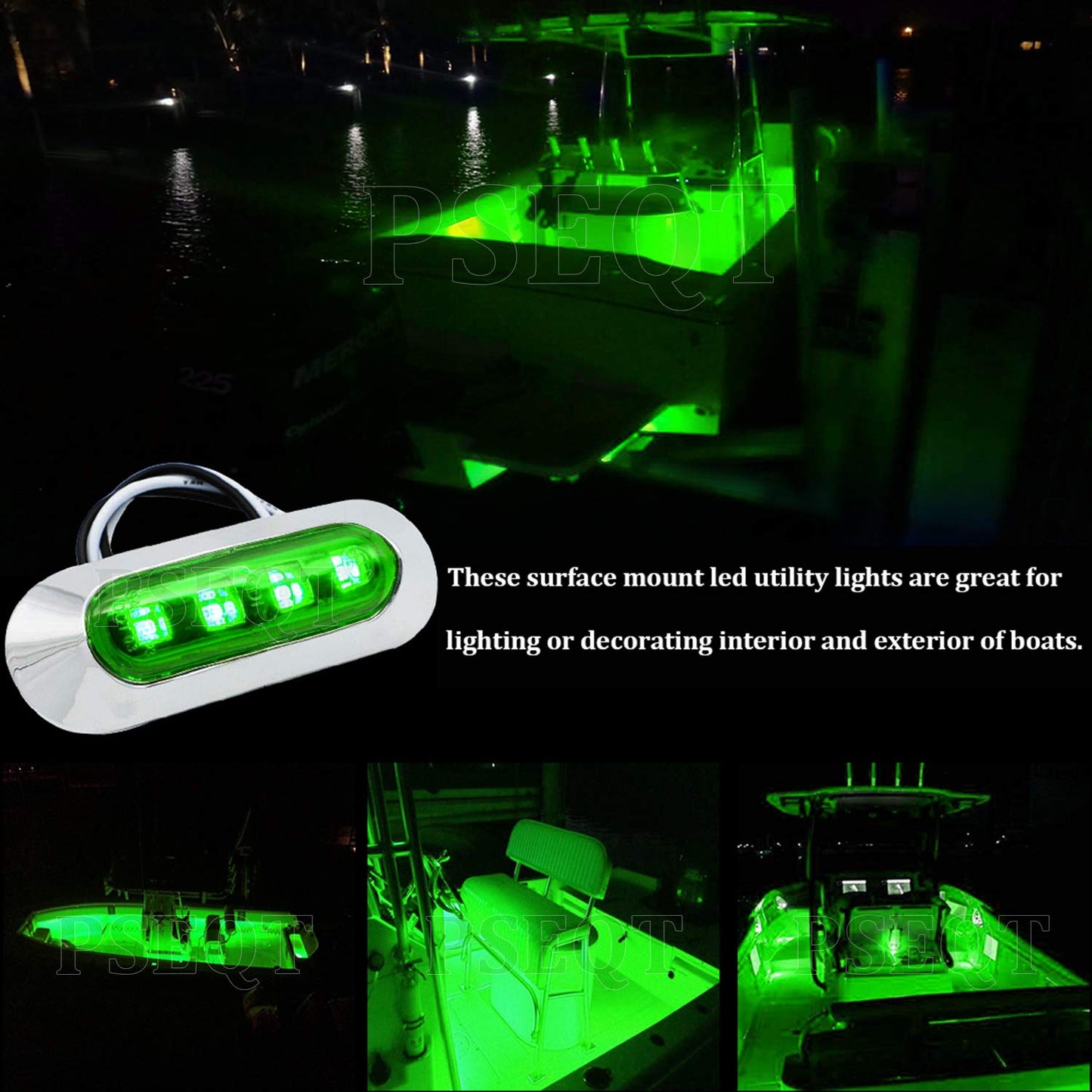 PSEQT Marine LED Lights - Waterproof Interior Deck Light, 3.8in x1.29in x0.78in , Green, 12V/24V, Polycarbonate Lens, Chrome