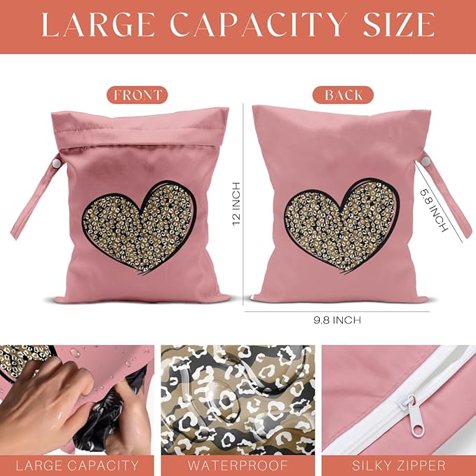 4 Pack Leopard Heart Cute Leopard Wet Bag Waterproof Reusable Wet Dry Bag for Swimsuit Clothes Cloth Diaper Travel Pool Yoga Toiletries Travel Cruises Valentine Day Christmas Camping Beach Essentials
