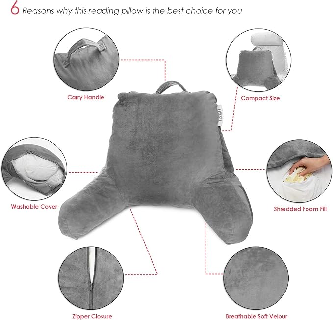 Nestl Reading Pillow Standard Bed Pillow, Back Pillow for Sitting in Bed Shredded Memory Foam Chair Pillow, Reading & Bed Rest Pillows Grey Back Pillow for Bed, Bed Chair Arm Pillow with Pockets