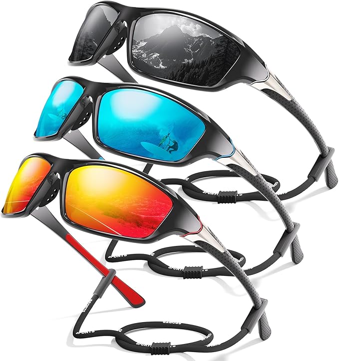 Foliful 3 Pack Polarized Sports Sunglasses for Men, Mens Sunglasses Wrap Around UV Protection for Cycling Fishing Driving