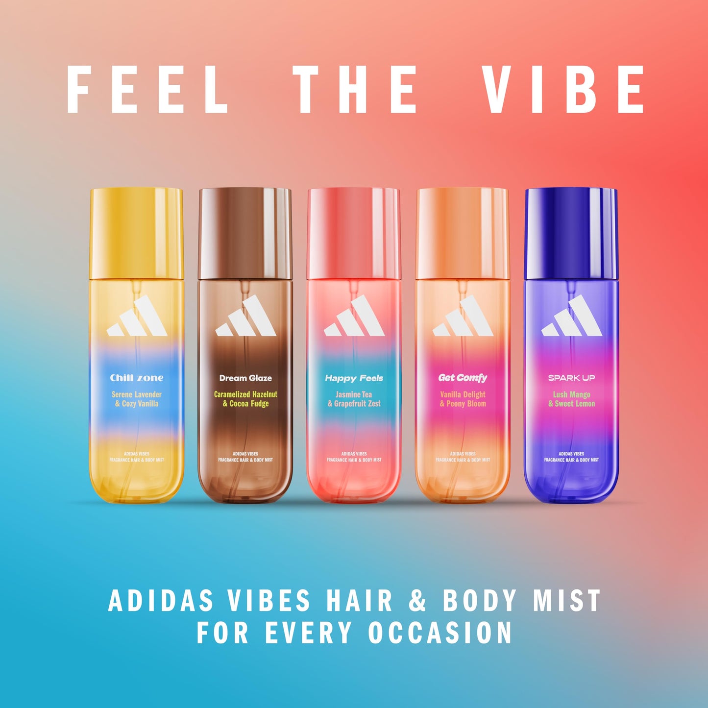 adidas Vibes Happy Feels Fragrance Hair & Body Mist for Women, Mood-Boosting, Notes of Jasmine Tea & Grapefruit Zest, For Any Oc