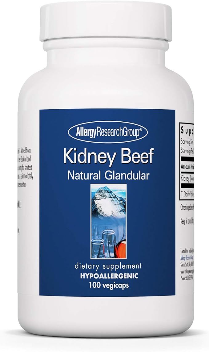 Allergy Research Group Kidney Beef Supplement - Natural Glandular, Freeze-Dried, Bovine, Lyophilized, Beef Organ, Vegetarian Capsules - 100 Count