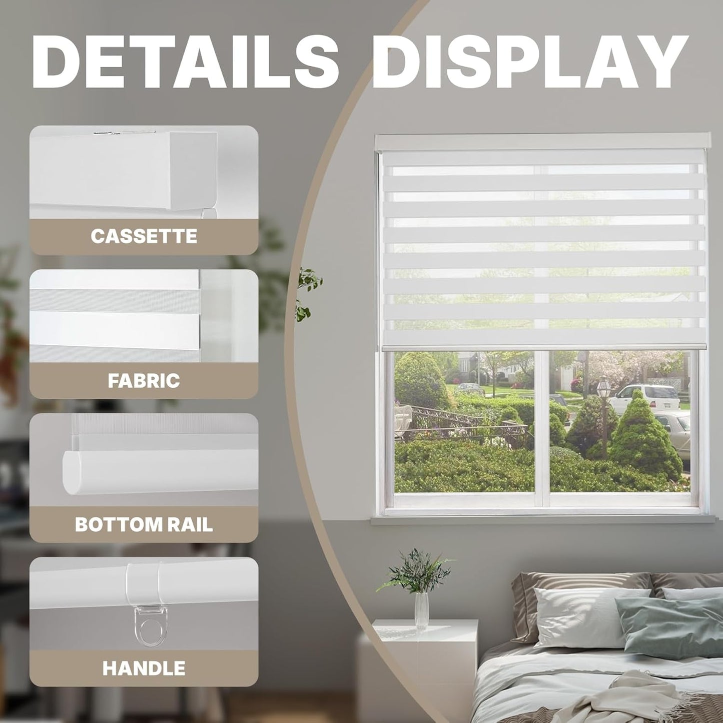 HESTIA Cordless Zebra Blinds Light Filtering Roller Shades Blackout Indoor Window Blind for Home Office,White,46" W x 48" H