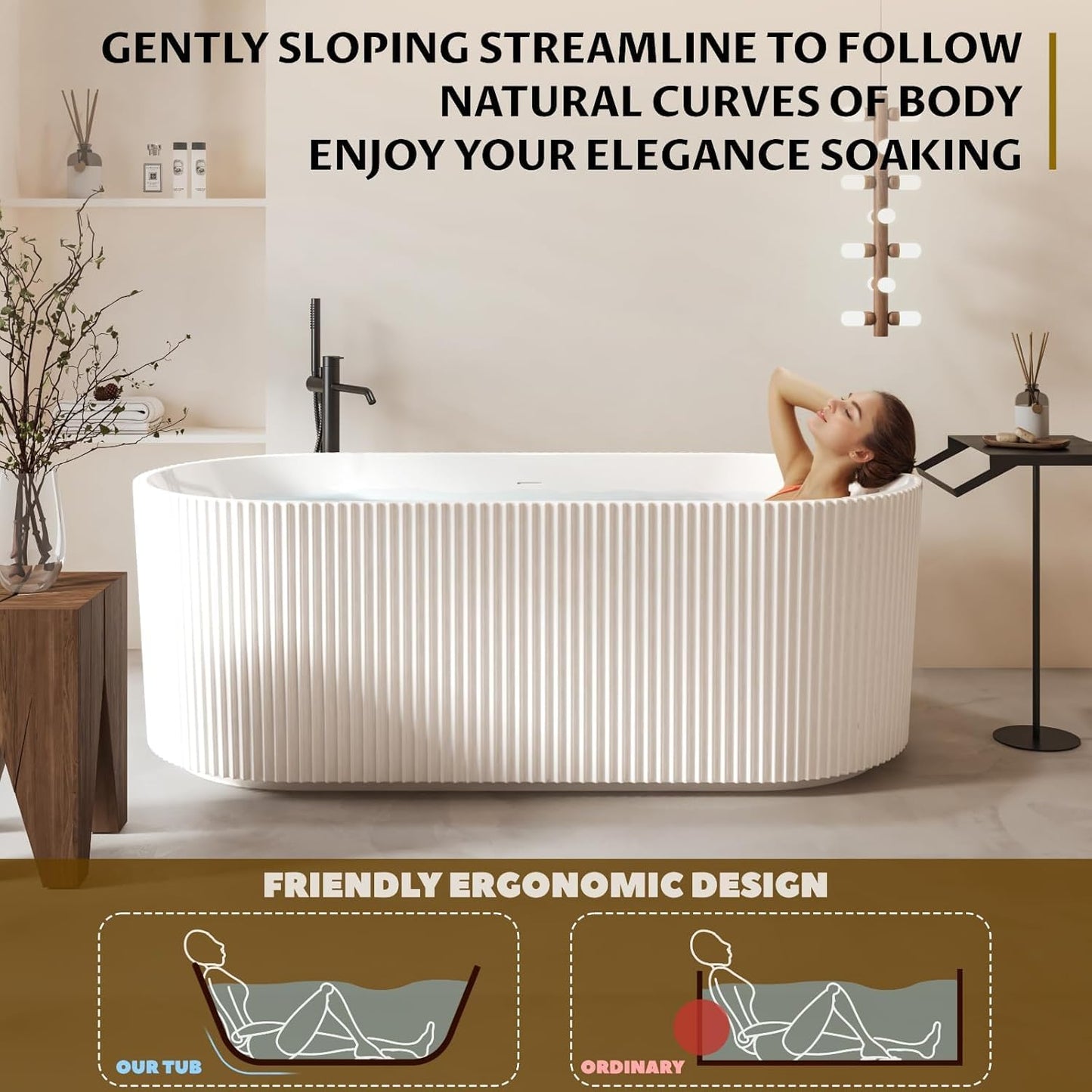 Garvee 67" Deep Soaking Bathtub, Non-Slip Acrylic Tub with Chrome Drain, CUPC Certified, Ergonomic Modern Bath for Bathrooms, Easy-Install, White Striped