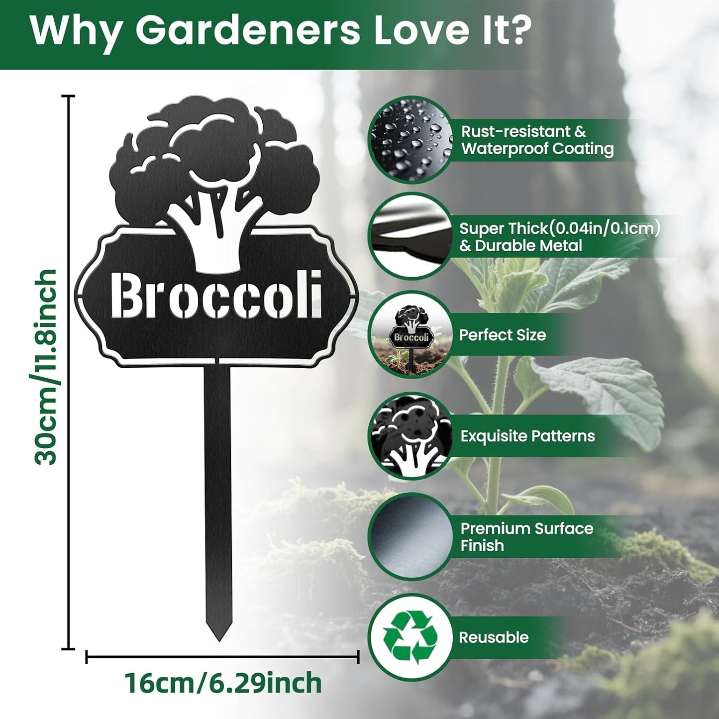 CUTHOLLOW Metal Plant Marker Stake Broccoli for Outdoor Indoor, Waterproof 11.8 inch Cute Garden Plant Labels Sign Tag for Vegetables, Farmhouse Greenhouse Decor - Funny Gardening Gifts