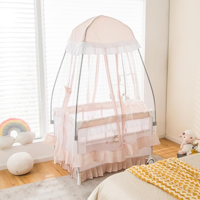 HONEY JOY 4-in-1 Pack and Play with Canopy, Portable Baby Playard w/Changing Table and Infant Bassinet Cute Toys & Music, Foldable Bassinet for Newborn and Toddler(Light Pink)