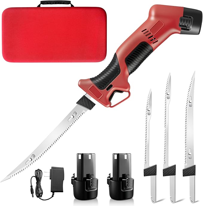 Electric Fillet Knife for Fish - Fillet Knife Kit Combo Non-Slip Handle with 4 Stainless Steel Blades Fishing Gift For Men (red)