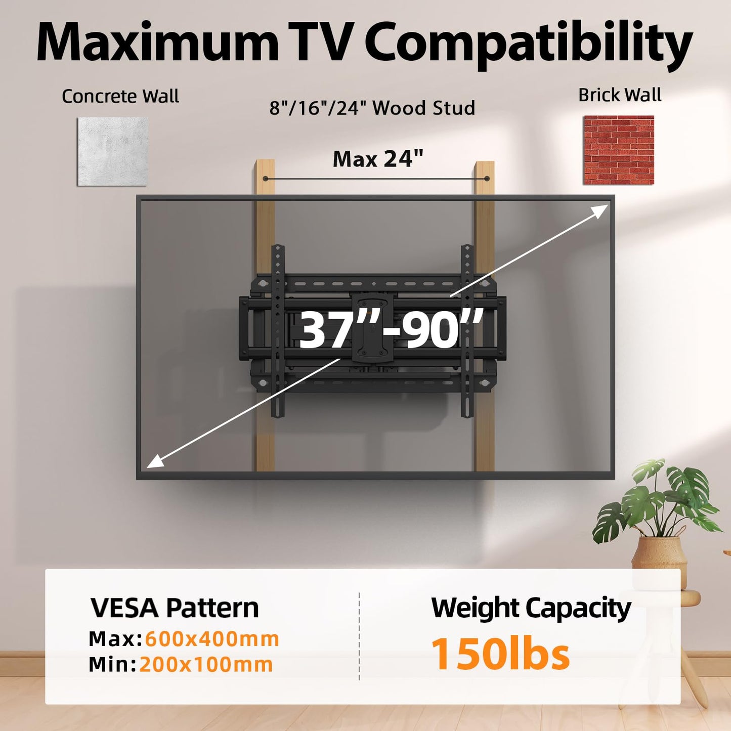IWORKBOARD Full Motion 75 85 86 90'' TV Wall Mount Bracket, Loads 150 lbs Heavy Duty TV Mount, Swivel Tilt Extension Level, Complete Metal Bars & Wall Plate, up to 600x400mm VESA & 24'' Wood Studs