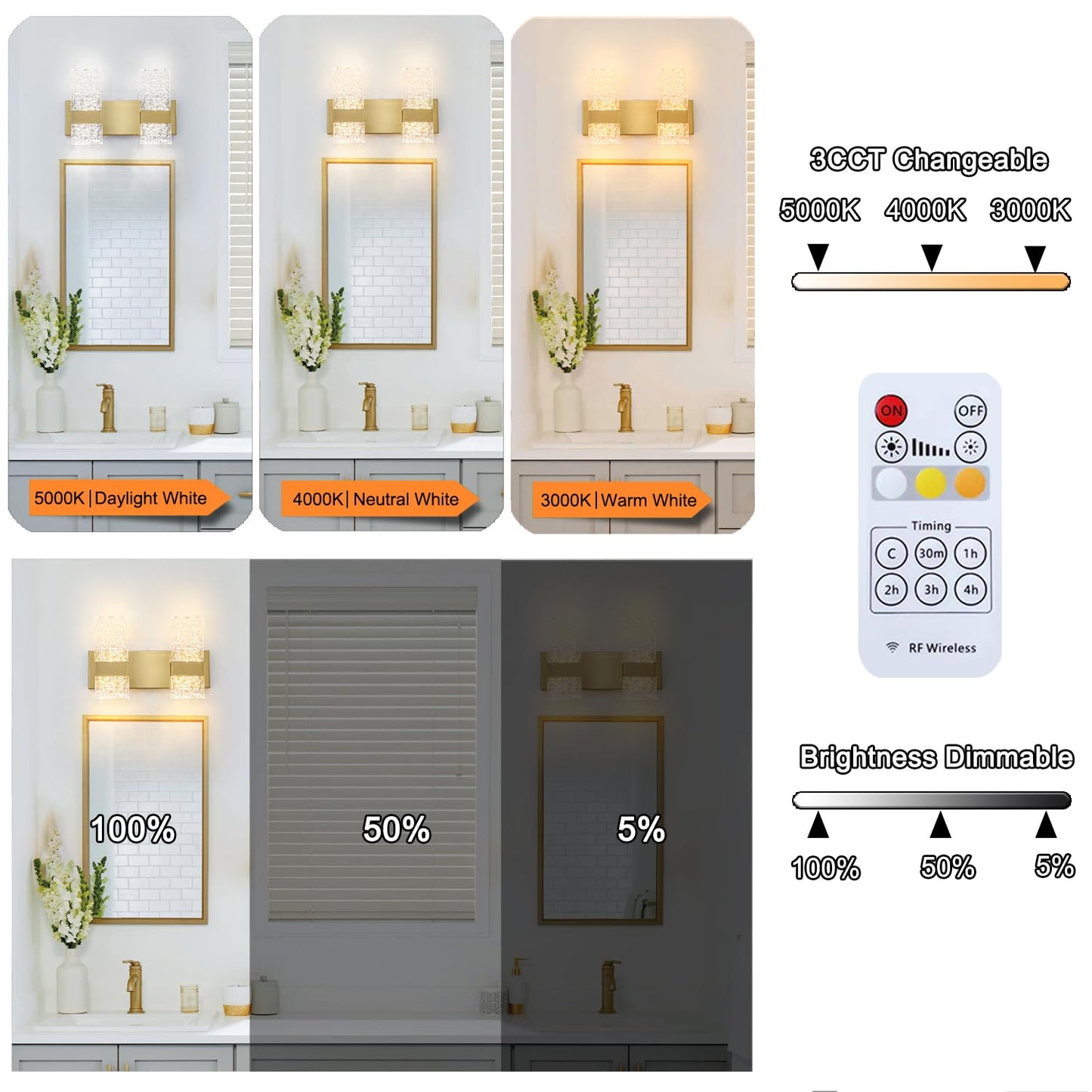Modern Brushed Gold 4-Lights Bathroom Vanity Light  Eleglant Brass Led Bathroom Light Fixtures Over Mirror  Dimmable Acrylic Shade Wall Lighting Fixtures  Hardwired Wall Light(H9.25In  L13.78In)