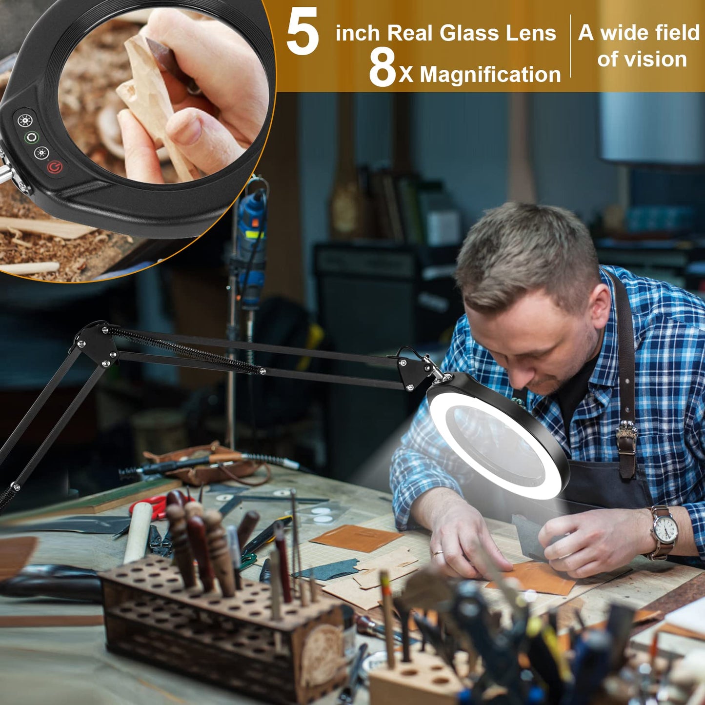 Veemagni 5 Magnifying Glass With Light, 8X Magnifier, Black, Led Clamp Desk Lamp, 5 Color Modes, 2*16 Swivel Arm, Model