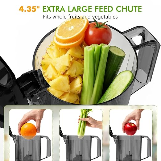 Cold Press Juicer, 4.35" Large Feed Chute Electric Juicer Machine High Juice Yield Slow Masticating Juicer for Whole Vegetables & Fruits, Easy Assemble & Cleaning