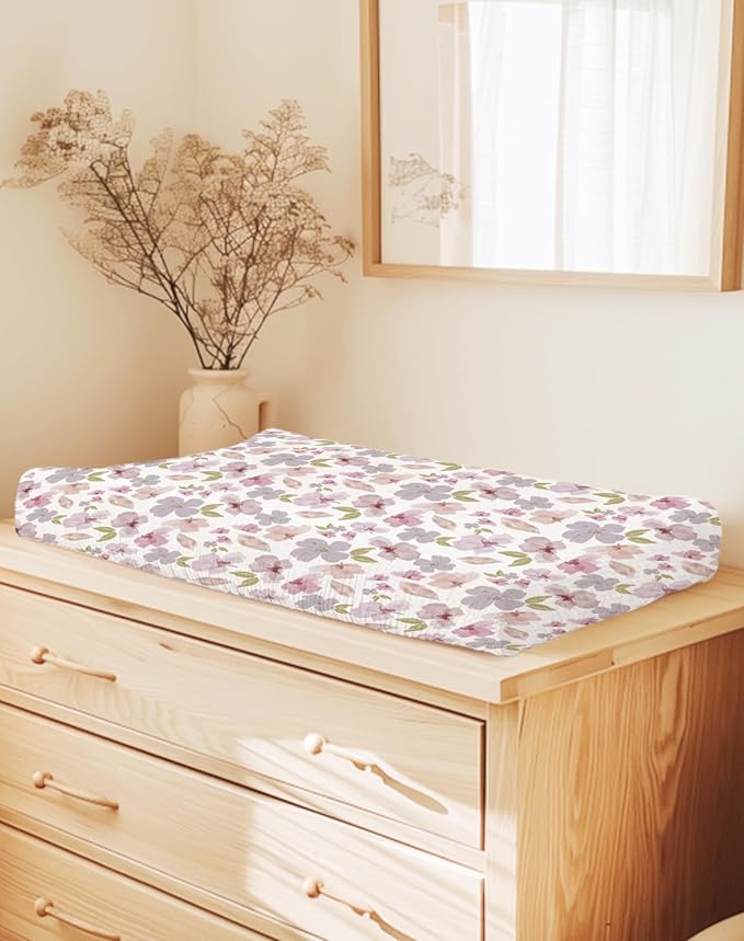 Changing Pad Cover for Baby Boy Girl 2 Pack, Muslin Changing Table Pad Covers with Boho Style, Neutral Nursery Bedding Essentials Soft and Breathable (Purple Petals & White)