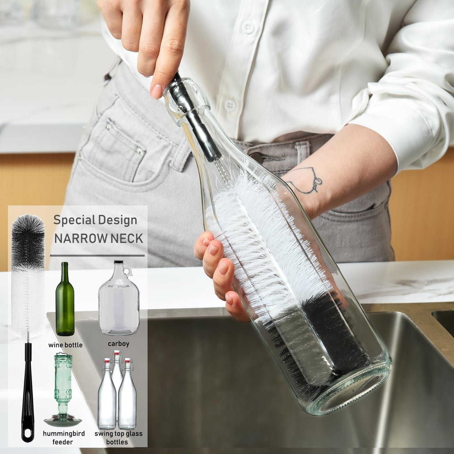 ALINK 8 Pack Black Bottle Brush Cleaning Set with Stand, Long Handle Bottle Cleaner with Holder for Narrow Neck Beer Wine Brewing Bottles, Stanley Water Bottles, Baby Bottles, Tumblers, Carafe, Straws