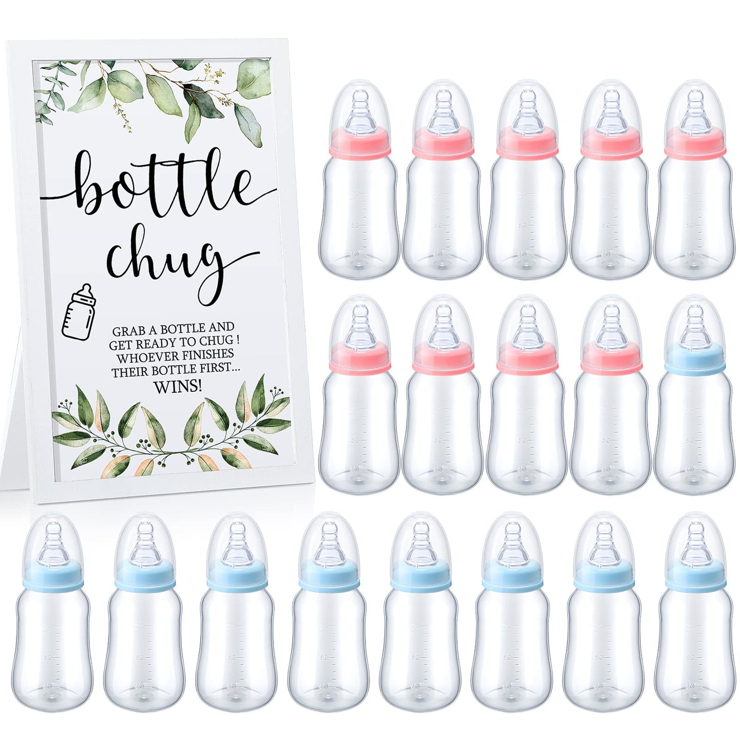 Roowest Bottle Chug Baby Shower Game Favors Including Eucalyptus Theme Wooden Sign and 18 Pcs Baby Bottles for Gender Reveal Party Supplies