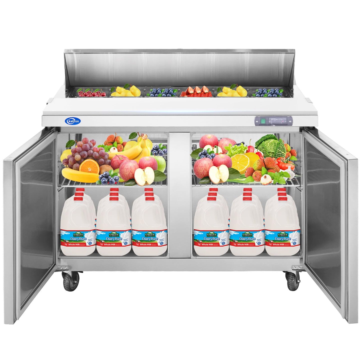 kalifon 48" W 2 Door Refrigerator Sandwich Salad Prep Table Commercial Stainless Steel Fan Cooling Refrigerator with Cutting Board, 2 Shelves & 12 Pans for Restaurant, Bar, Shop-12.9 Cu.ft