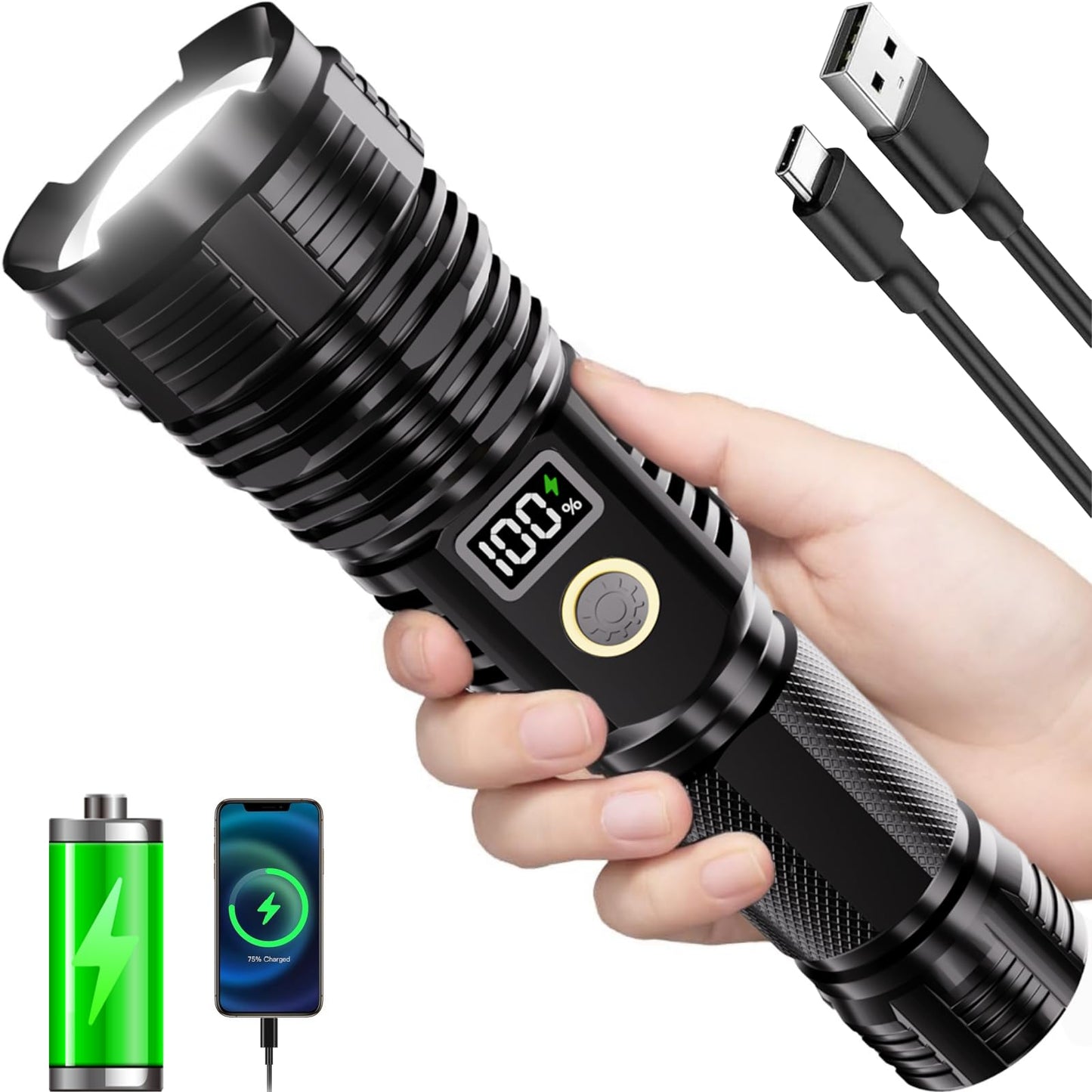 CHILDBOT Rechargeable Flashlight, 990000LM, 5 Modes, Waterproof, Aluminum, Black, Model Y1915C