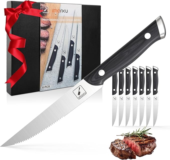 imarku Steak Knives, Steak Knives Set of 8, Serrated Steak Knife Set with Pakkawood Ergonomic Handle, Japanese HC Steel Steak Knife and Gift Box, Best Gift for Christmas&Thanksgiving