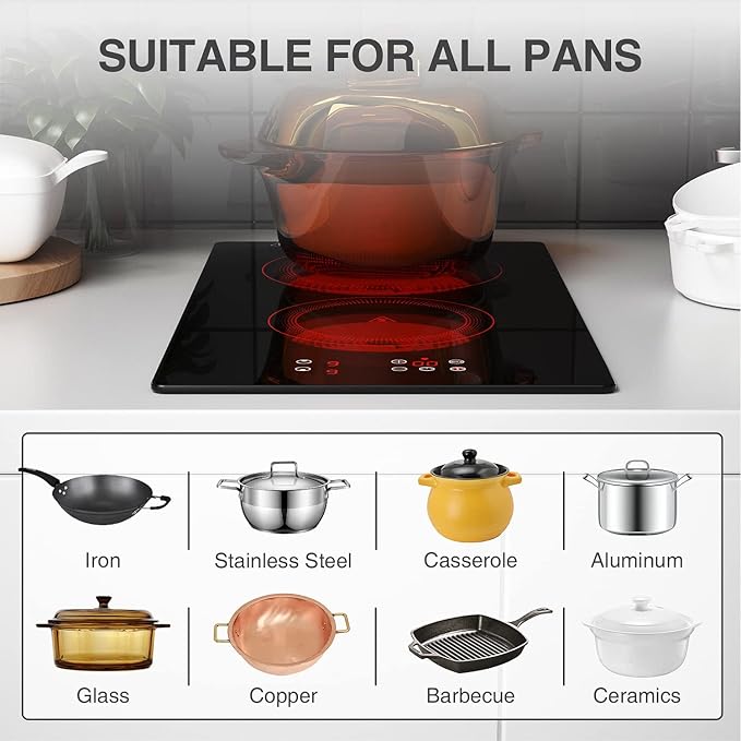Electric Cooktop 2 Burners, 12 Inch Built-in Ceramic Stove Top with Timer, Child Lock, 110V Induction Cooktop for Kitchen, Apartment, RV, Dorm