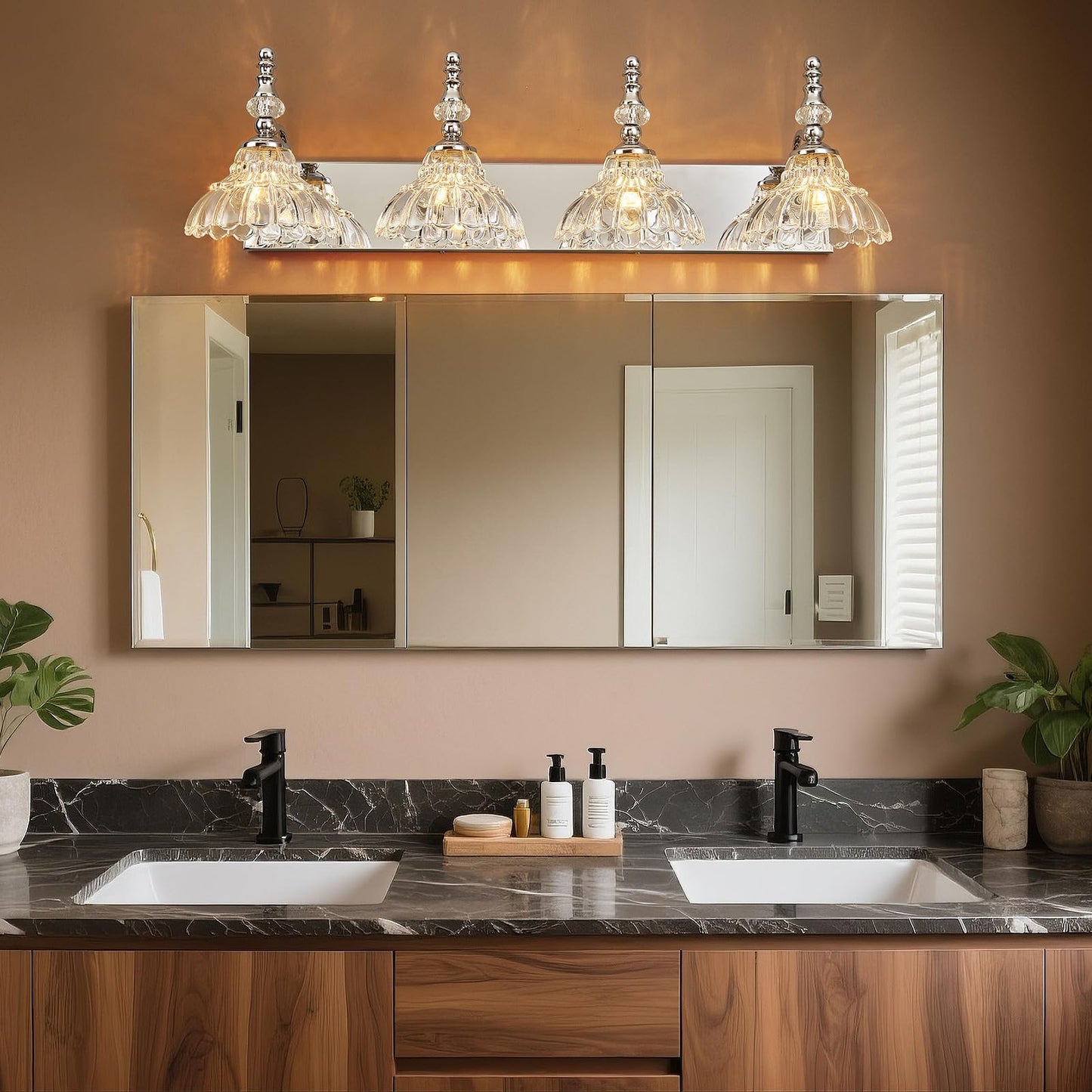 Lbsqj Vintage Bathroom Vanity Light  4-Light Chrome Vanity Lighting Fixture With Flower Glass Shade  Bathroom Lighting Fixtures Over Mirror