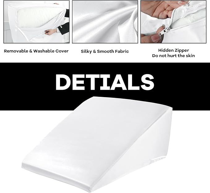 HOMBYS Satin Bed Wedge Pillow Cover Silky & Smooth Wedge Pillowcase 1 Pack 24x24x12, Soft & Breathable, Removable & Machine Washable-Zipper Design (Pillow Not Include),White