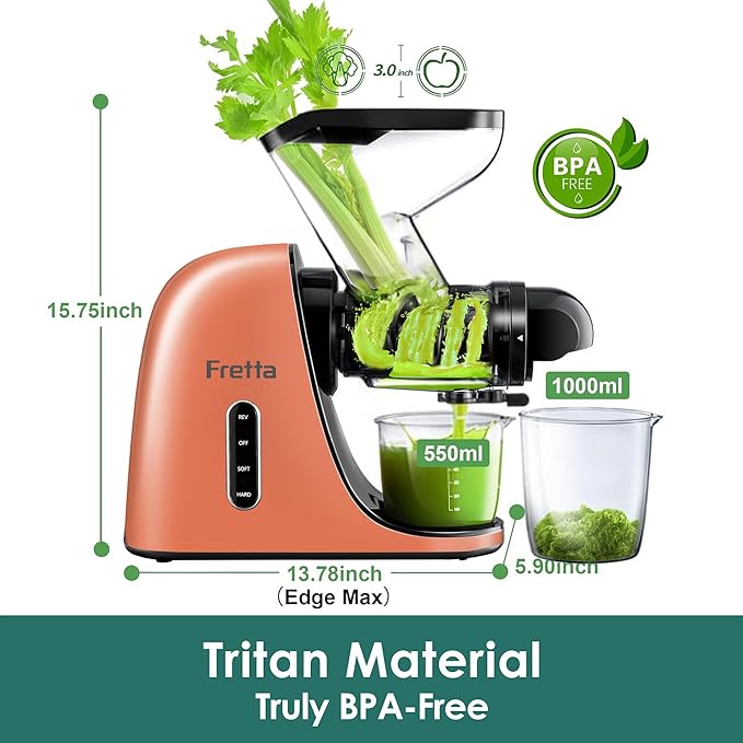 Fretta Cold Press Juicer,Juicer Machines Vegetable and Fruit with 3'' Feeding Chute, Masticating Slow Juicer, Juice Extractor, Easy to Clean,2 Speed, BPA-Free, 200W (Orange)