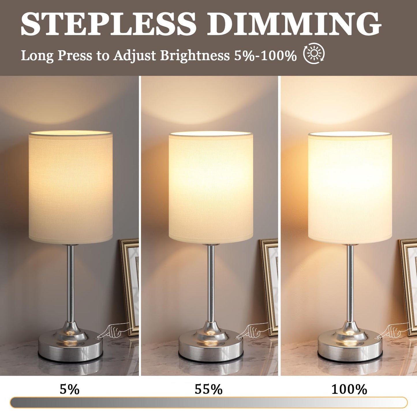 Touch Control Cordlss Table Lamp  Usb-C Rechargeable Lamp With Stepless Dimming  4000Mah Battery Operated Bedside Lamp For Bedroom  Living Room  Night Light & Emergency Lighting  Silver  2 Pack