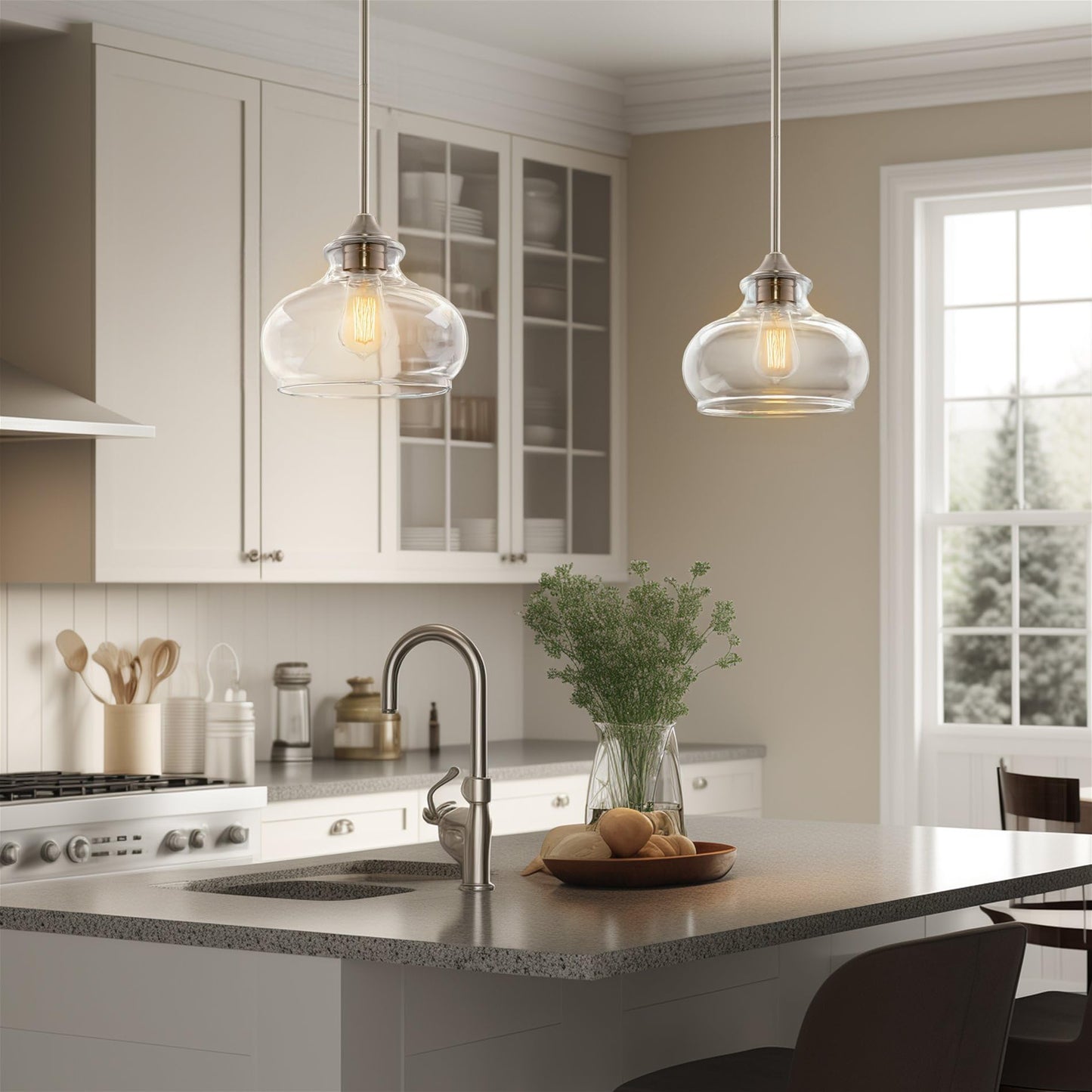 Kira Home Pendant Light, 9in Adjustable Height, Brushed Nickel Finish, Clear Glass Shade, Model RV-CP6802-BN