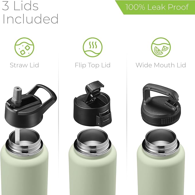 SipX™ Triple-Insulated Stainless Steel Water Bottle 40oz. With 3 Lids, BPA-Free Reusable Insulated Water Bottle Keeps Cold 24 Hours, Metal Water Bottle Made Of Sustainable Material For Hiking & Biking