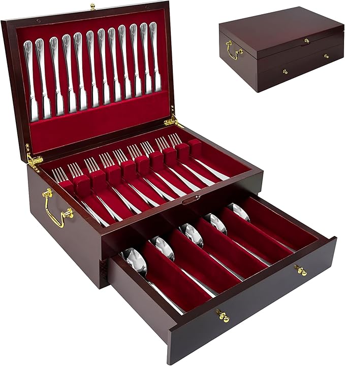 Silverware Storage Box Solid Wood with Lid, 2 Layer Silverware Storage Chest, 15.5'' ×11.5'' Silverware Organizer with Handle and Felt Lined, Chest for Flatware Setting Up 30