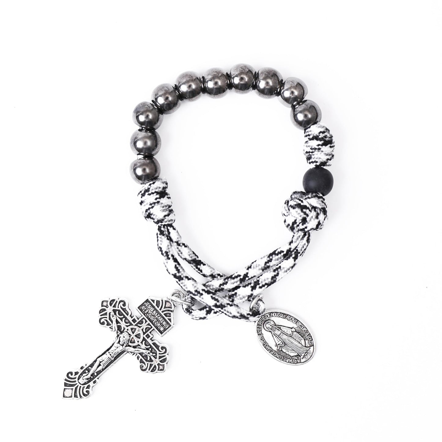 Nazareth Store One Decade Black & White Paracord Rosary Dark Silver Beads Pocket Car Rosary Protection Miraculous Medal & Jesus