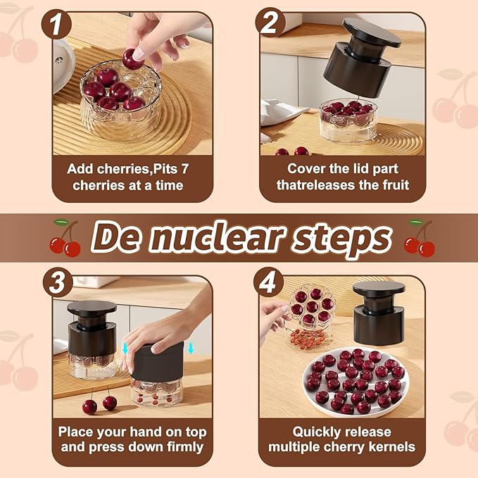 Cherry Pitter - Quick Release Multi Cherries Stoner Pitter 7-in-1, Push Button Cherr'y Core Pit'ter Tool Multiple with Splatter Protector, Pit Seed Remover for Making Jam Cherry Dishes (Balck-7 Holes)