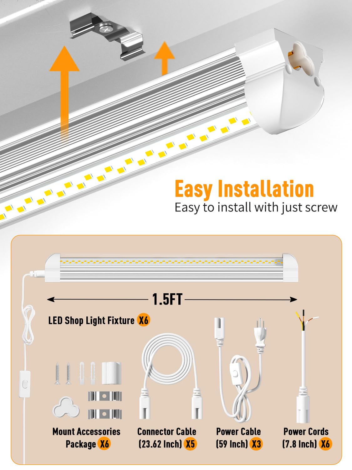 ONLYLUX LED Shop Light, 25W, 3750LM, 6000K, Linkable, Aluminum, 6 Pack
