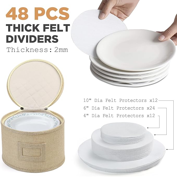 LotFancy China Storage Containers, Hard Shell, 4PCS Set, Dish Storage Box for Moving, Stackable Dinnerware Plate Organizer Bins with 48 Felt Dividers, Grey