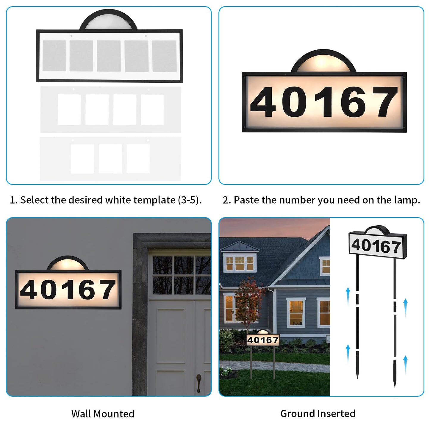 Solar House Numbers for Outside, Aqonsie Solar Powered Address Sign with Warm White & Cold White, IP65 Waterproof Solar Address Signs for Yard, LED Illuminated Plaques Wall Mounted & In Ground