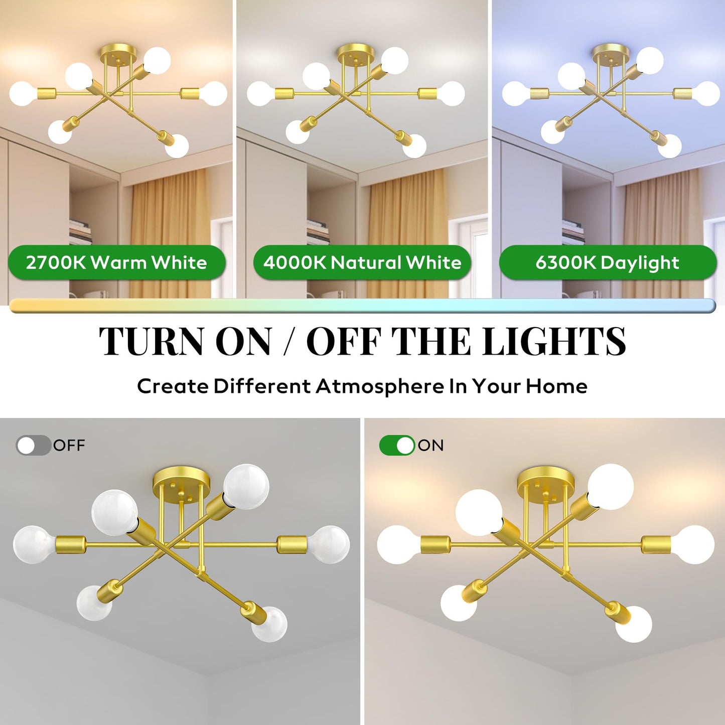 Phaosio Modern Sputnik Chandelier  6-Light 22  Semi Flush Mount Ceiling Light Fixture With E26 Base  Mid Century Industrial Lighting For Bedroom  Dining Room  Living Room-Sparkling Gold