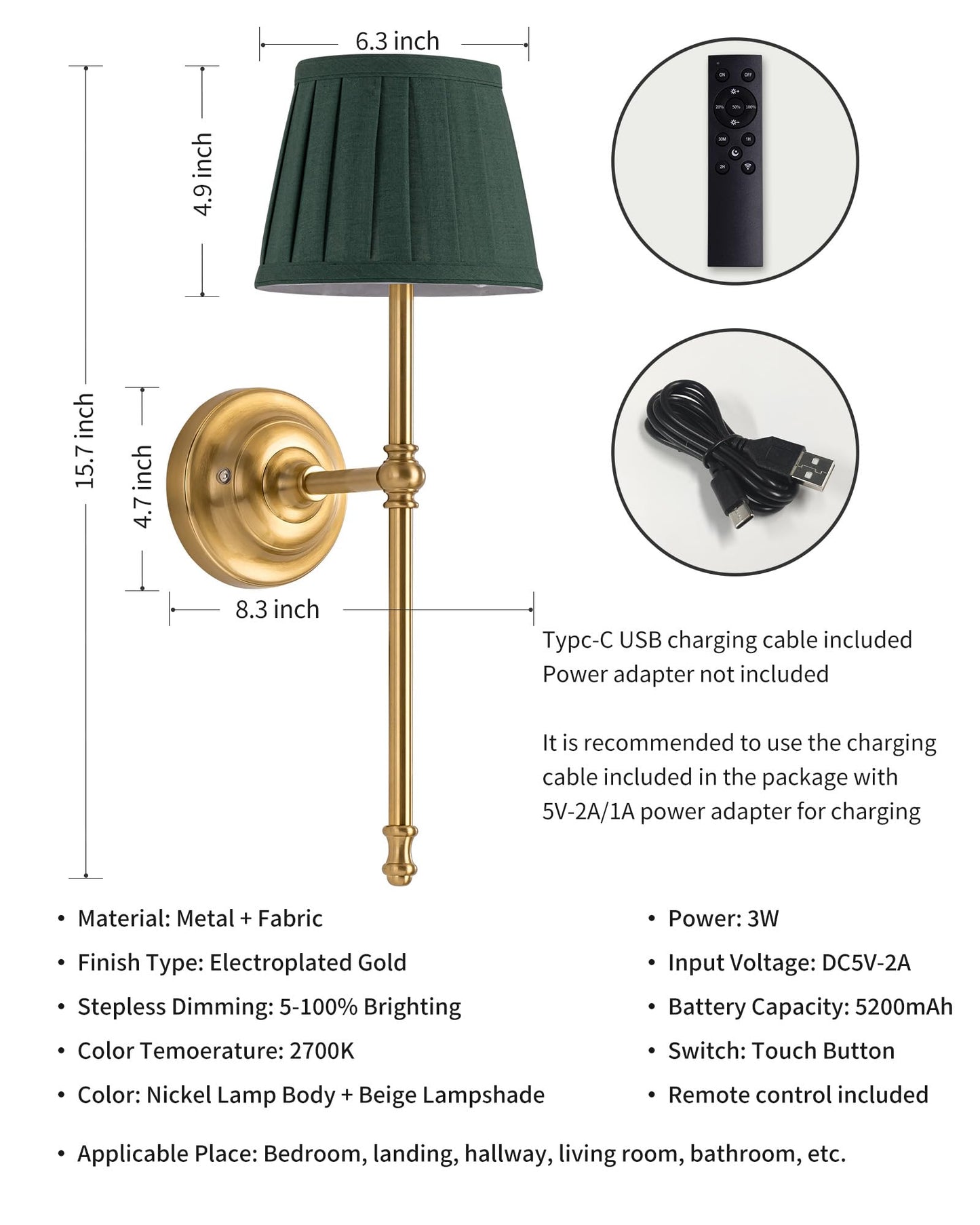 Kdg Cordless Wall Sconces Set Of 2  Small Wireless 5200Mah Rechargeable Battery Fabric Led Wall Lamps  Portables Lightings For Wall discomfort-reducingting  Living Room  Bedroom  Hallway  Gifts  Night Light (Green)