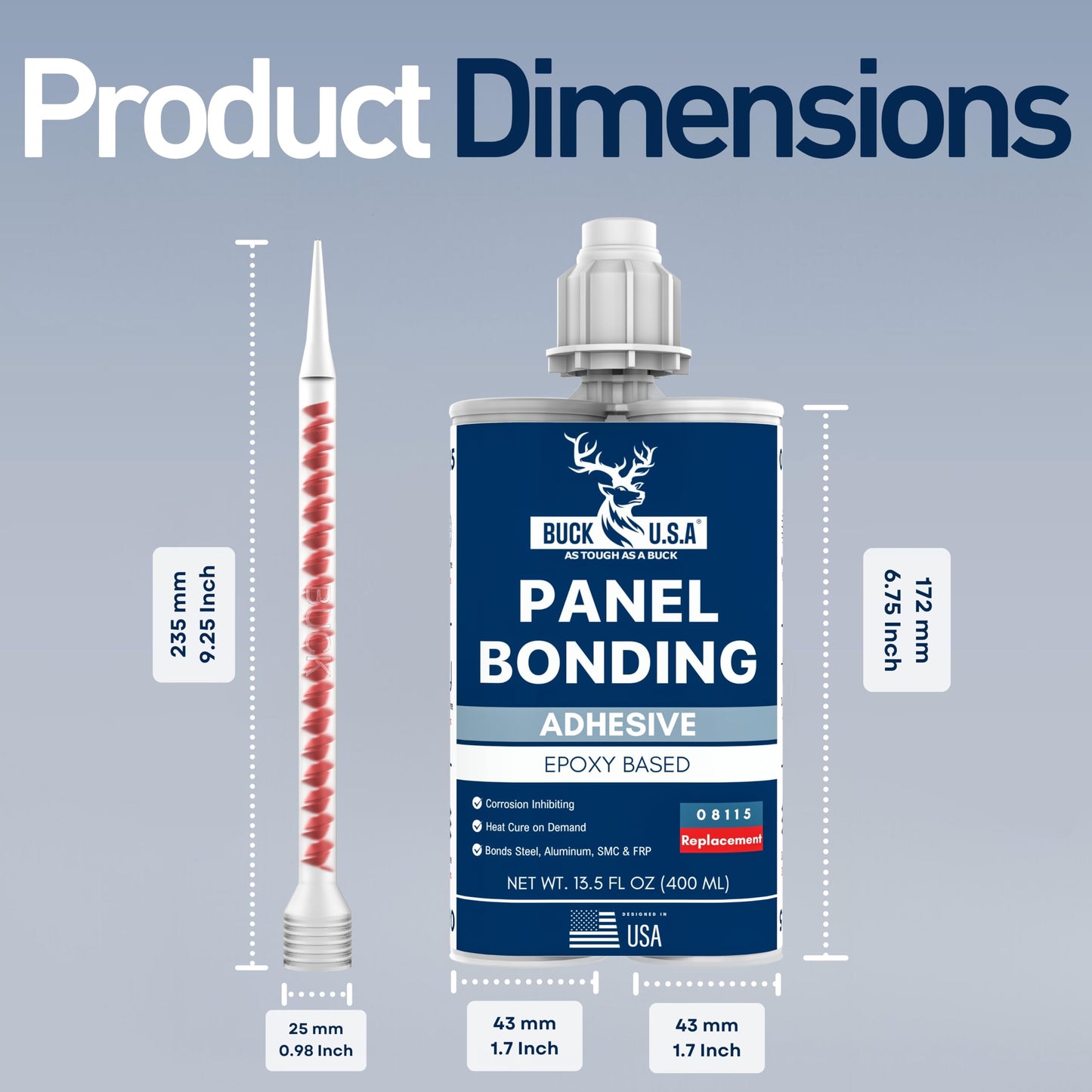 Buck Panel Bonding Adhesive 08115, Two-Part Epoxy, 400 ml Cartridge, Replacement for 3M Panel Bonding Adhesive, Bonds Metal & Composites for Auto Body Panel Repair, OEM Recommended, Black, 1 Pack