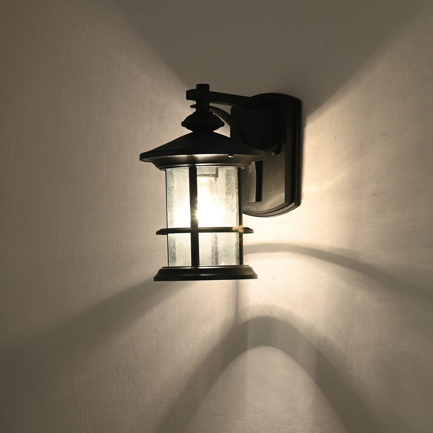 Micsiu Textured Black Outdoor Wall Sconce Light, 12.5 Clear Seedy Glass, Metal Fixture For Porch, Patio, Backyard