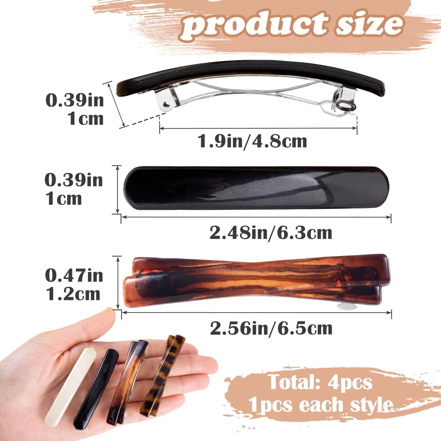 STSTR 4PCS French Barrette Hair Clips for Women, 2 Styles Small Tortoise Shell Hair Clip, Curved Glossy Thin Hair Flat Hair Acce
