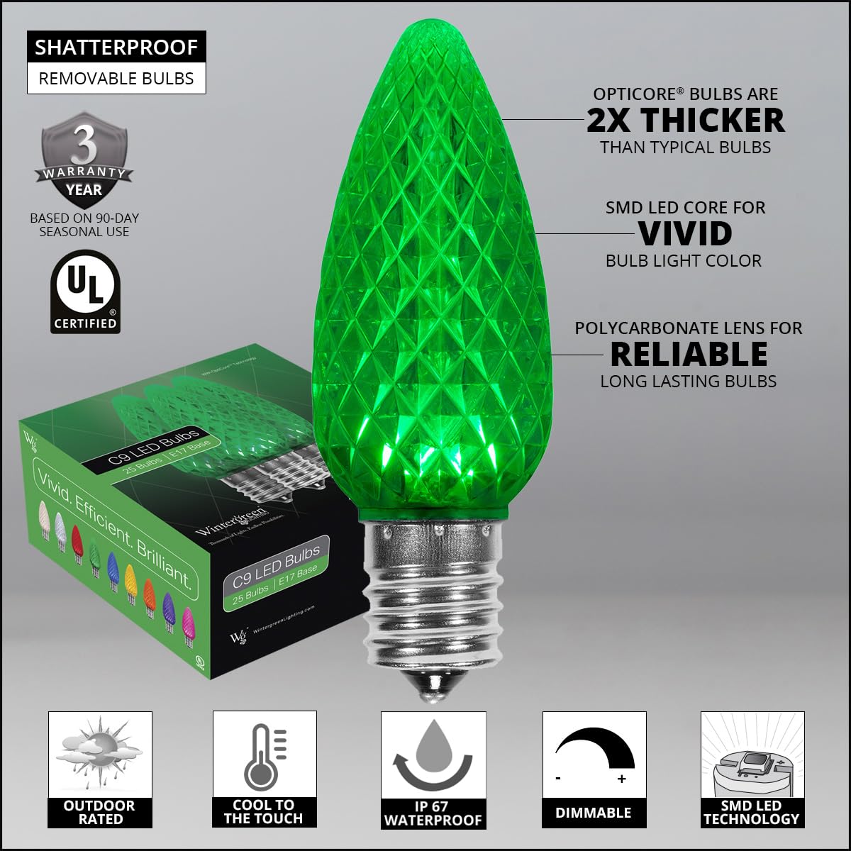 Wintergreen Lighting 25-Pack Opticore C9 Led Green Light Bulbs - Replacement Christmas Light Bulbs  Halloween  St. PatrickS Day  E17 Base (Faceted)