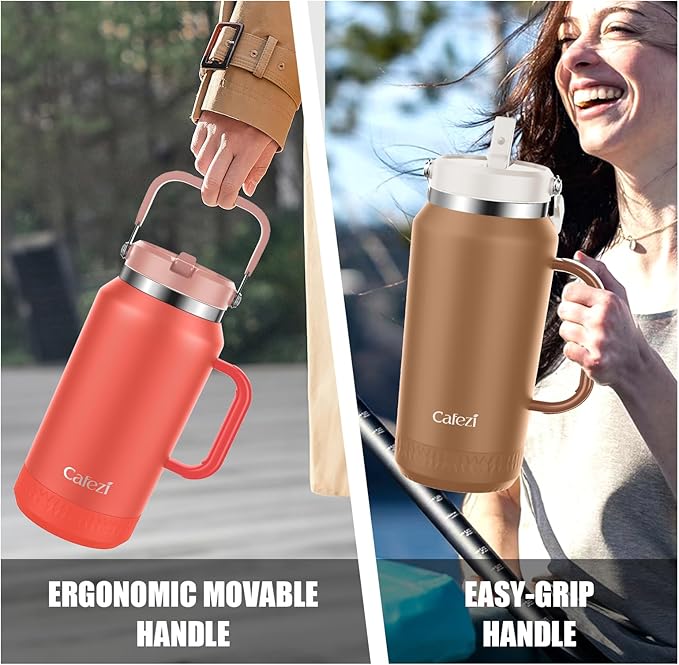 64oz Stainless Steel Water Bottle with Flip Straw - Leak-Proof, Sweat-Free, Top and Side Handle, Anti-Slip Base, Iced for 34 Hours, Dishwasher Safe - Water Jug for Sports Events, Beach Days
