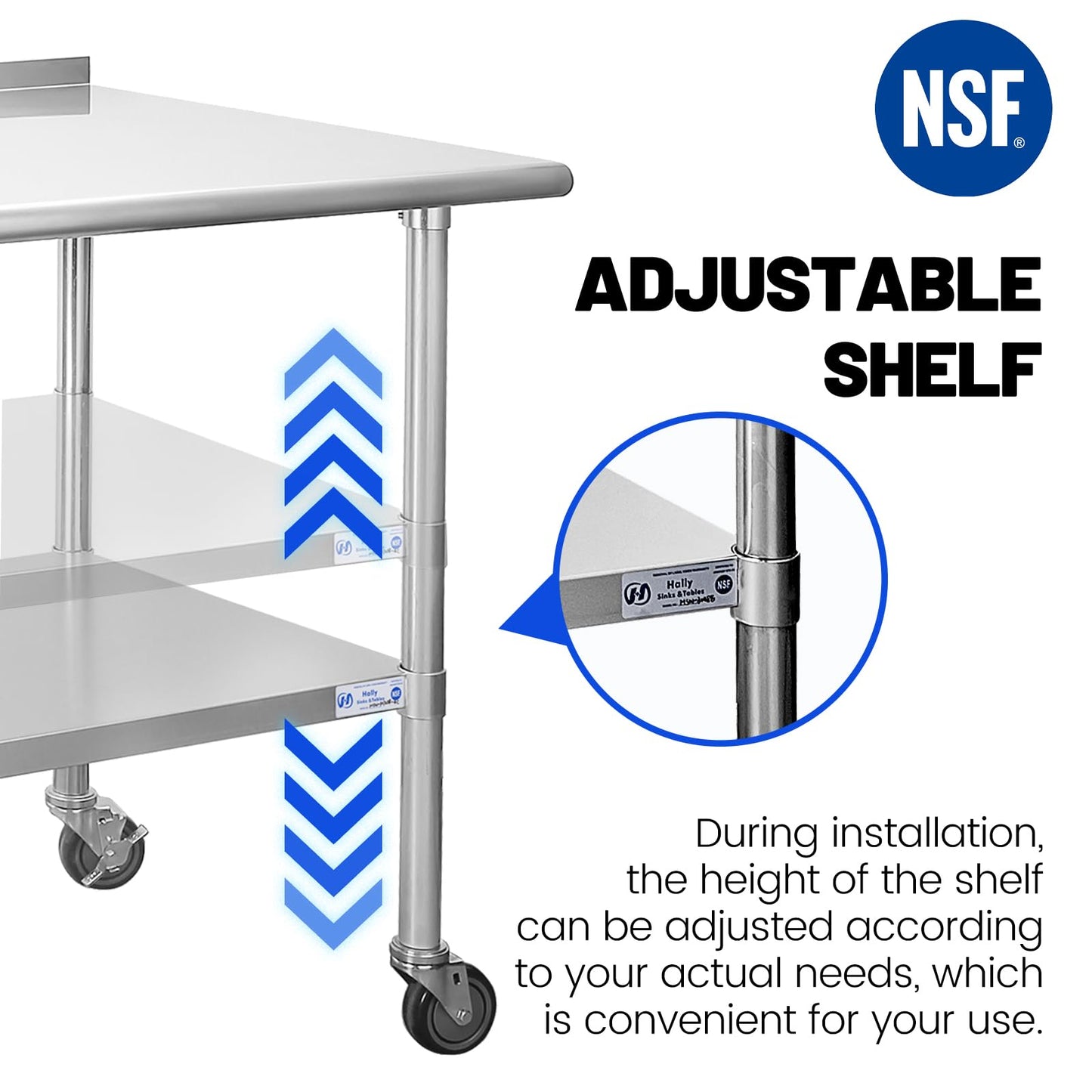 Stainless Steel Table for Prep & Work 24 x 72 Inches with Caster Wheels, NSF Commercial Heavy Duty Table with Undershelf and Backsplash for Restaurant, Home and Hotel