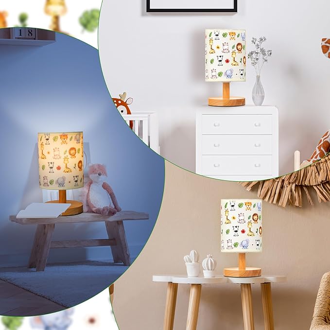 VIHOSE Safari Animal Kids Table Lamp for Bedroom Kids Bedside Lamp with Linen Wooden Nightstand Cartoon Nursery Lampshade for Girls Boys Living Room