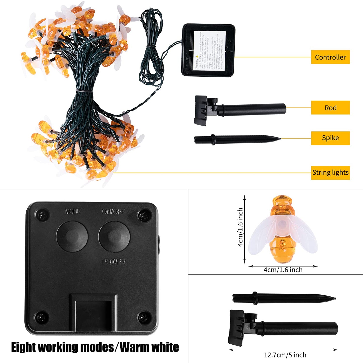 Brightown Solar Bee String Lights, 31 Ft, 50 LED, 8 Lighting Modes, Warm White, Waterproof, Model BT-animal-lights