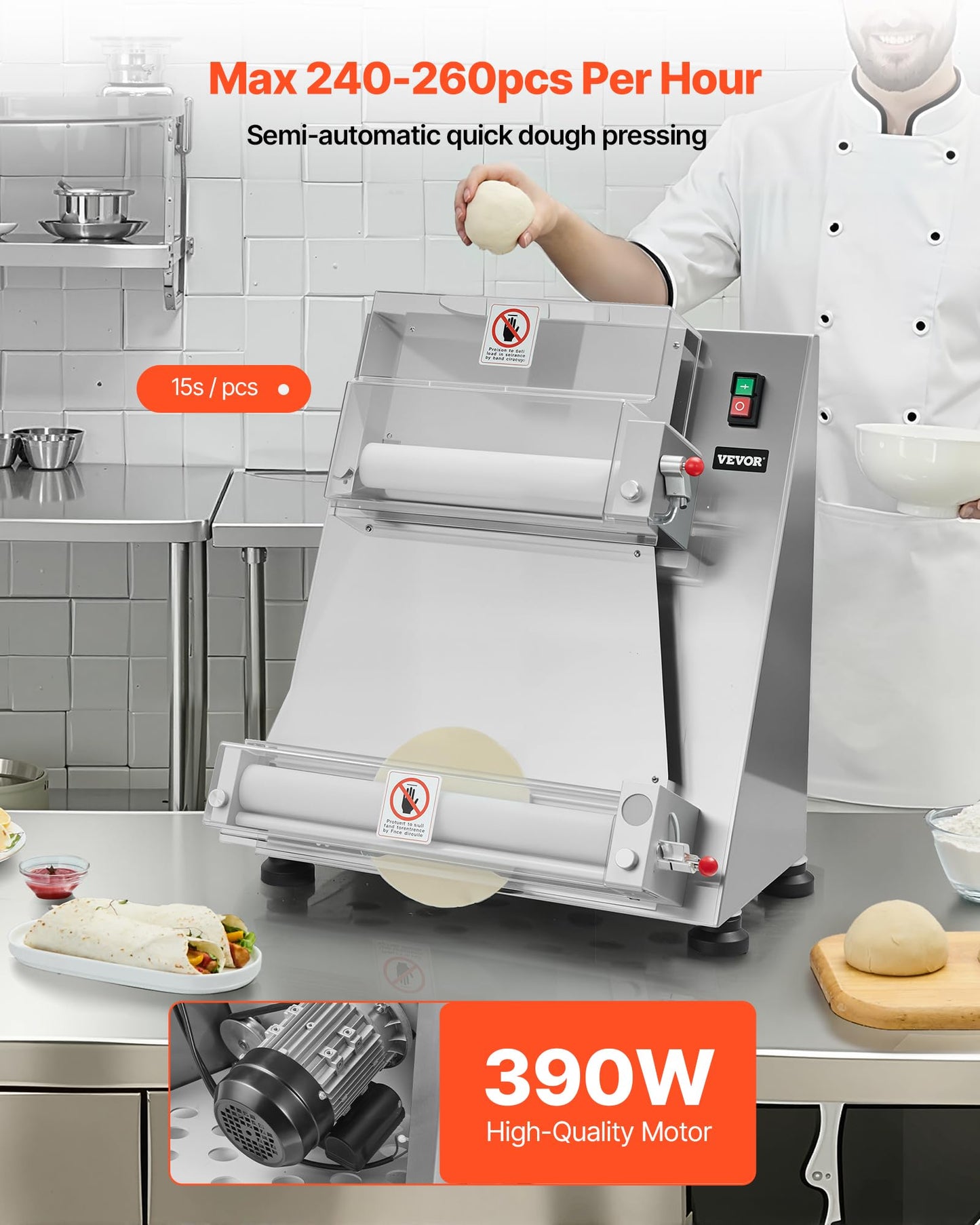 VEVOR Pizza Dough Roller Sheeter, 3-16 Inch Semi-automatic Stainless Steel Pizza Press, Commercial Electric 390W Pasta Maker Machine, 260 pcs Per Hour, Adjustable Thickness, with Dough Press Lid