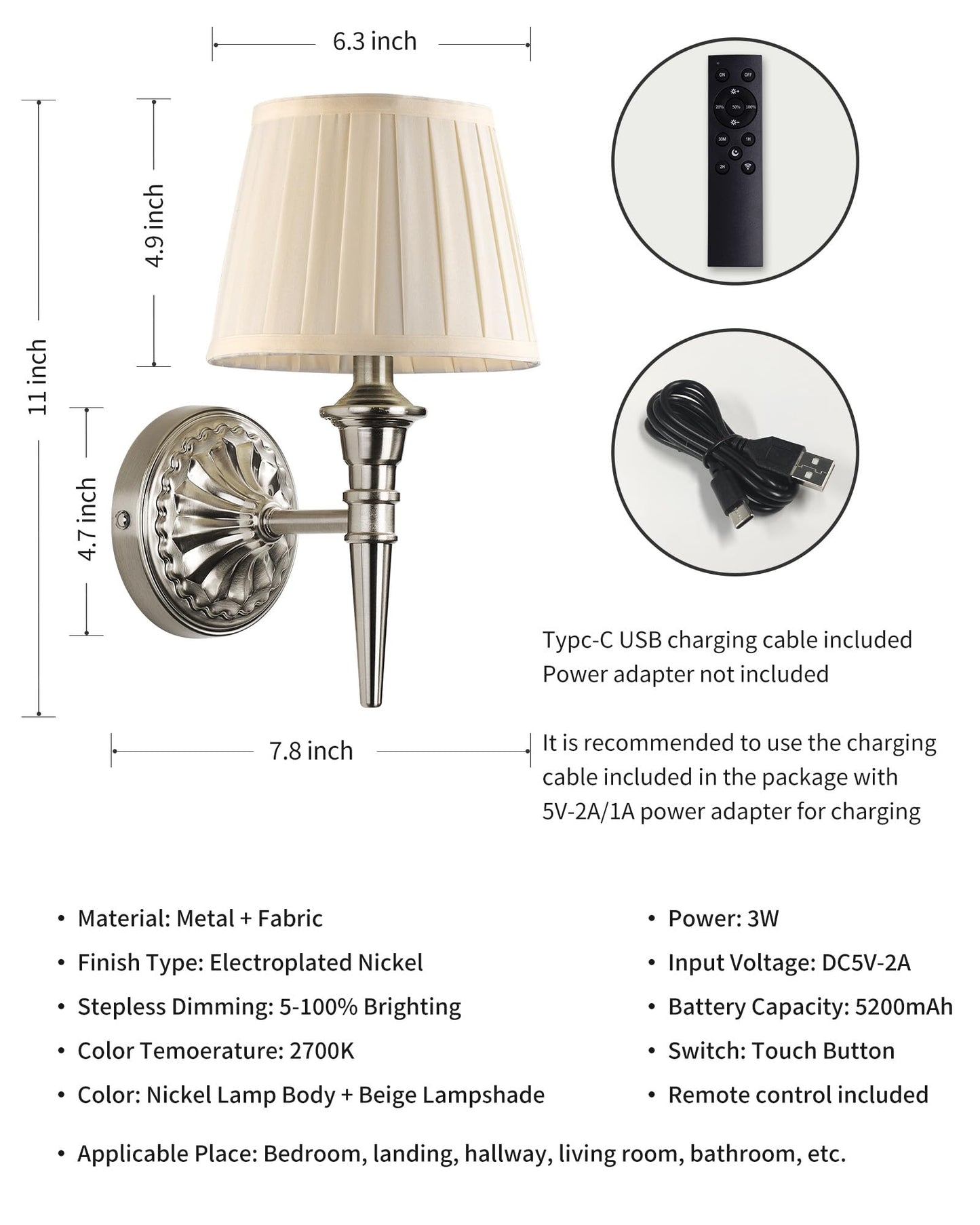 Kdg Cordless Wall Sconces Set Of 2  Small Wireless 5200Mah Rechargeable Battery Fabric Led Wall Lamps  Portables Lightings For Wall discomfort-reducingting  Living Room  Bedroom  Hallway  Gifts  Night Light (Nickel)