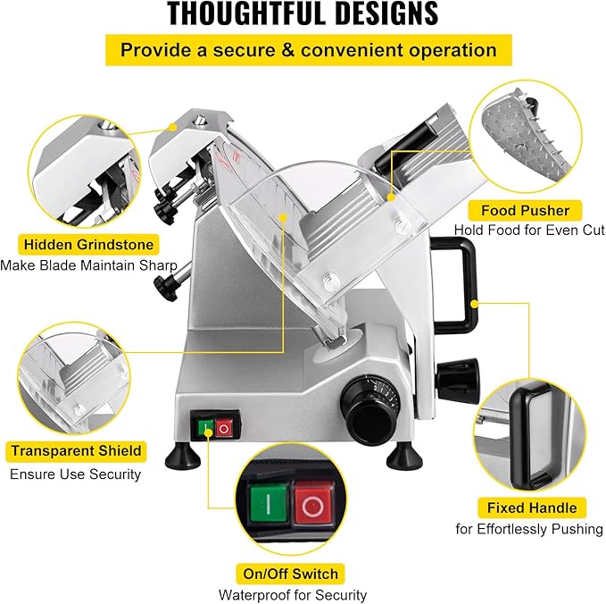 VEVOR Commercial Meat Slicer, 200W Electric Deli Food Slicer, 0-12mm Adjustable Thickness Electric Meat Slicer, 350-400RPM Slicer with 8.7'' Chromium-plated Steel Blade for Home & Commercial Use