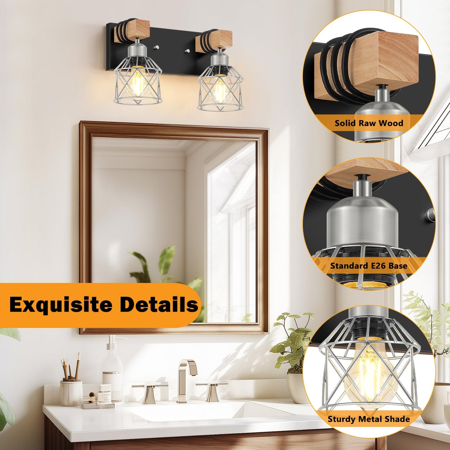 Fadimikoo Farmhouse Bathroom Light Fixtures  Rustic 2-Light Wood Vanity Lights For Bathroom  Industrial Black Silver Wall Lighting With Metal Shade For Bedroom  Living Room  Hallway